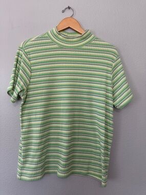VTG Basic Editions Women’s XL Mock Neck Short Sleeve Stripes Shirt Green